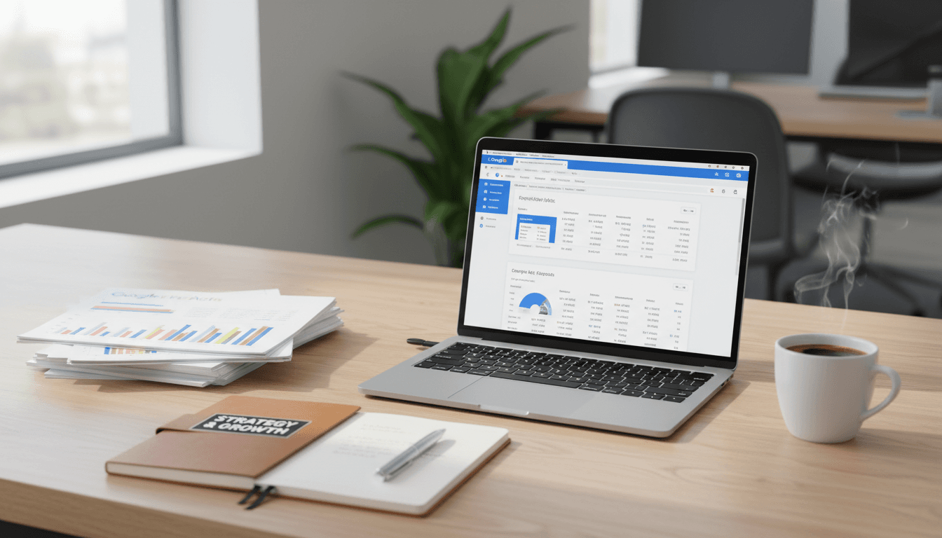 Organized desk with laptop showing Google Ads, analytics reports, notebook, and coffee in a modern office