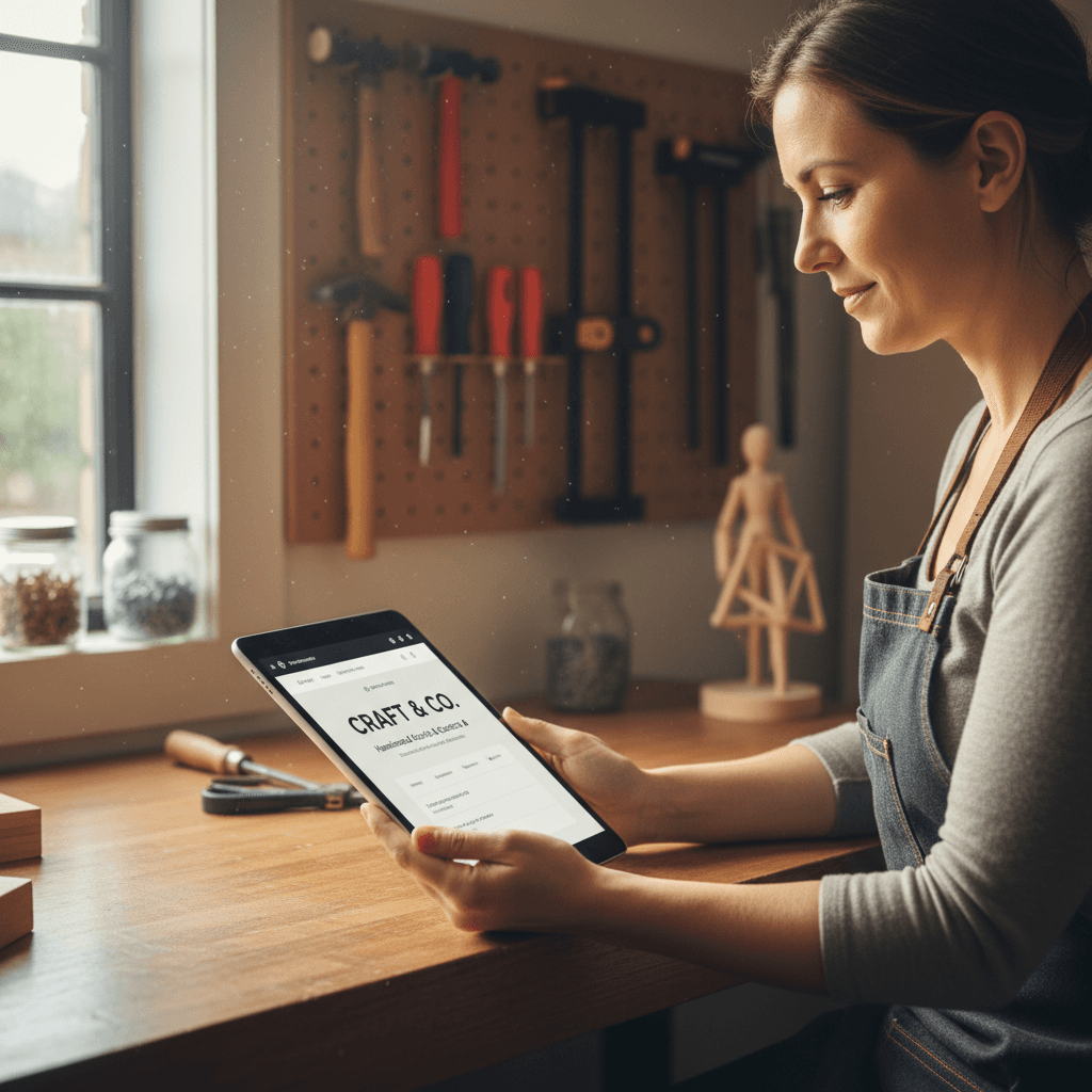 Geschäftsinhaber in einer Werkstatt, der eine Website auf einem Tablet betrachtet