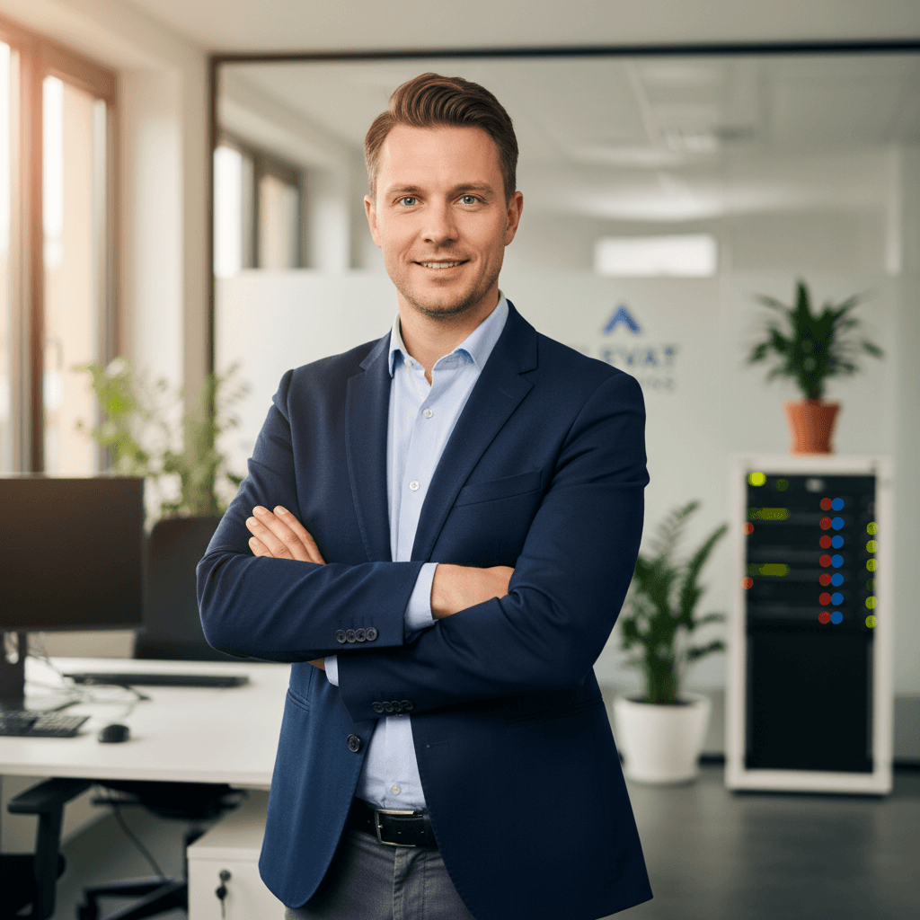 Markus Weber, founder and web designer at Elevat Swiss, in a modern office setting