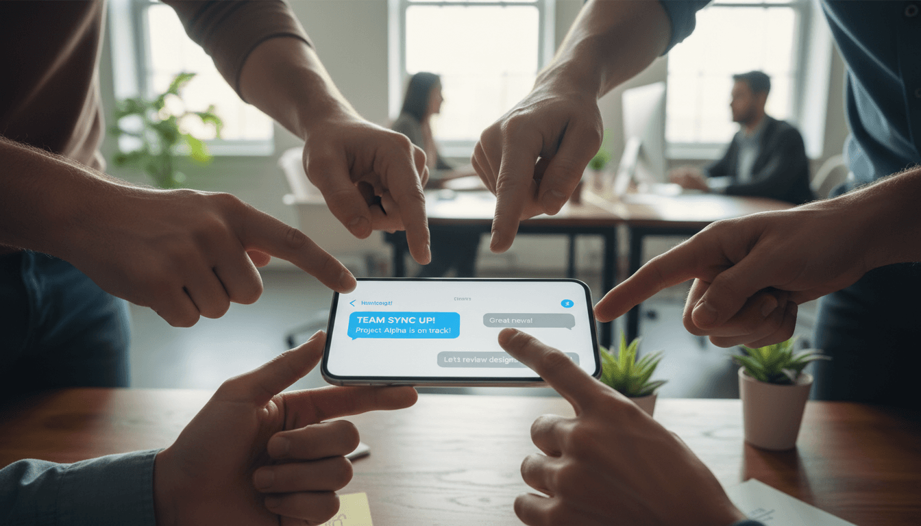 Diverse hands using a smartphone with active chat bubbles in a modern office setting