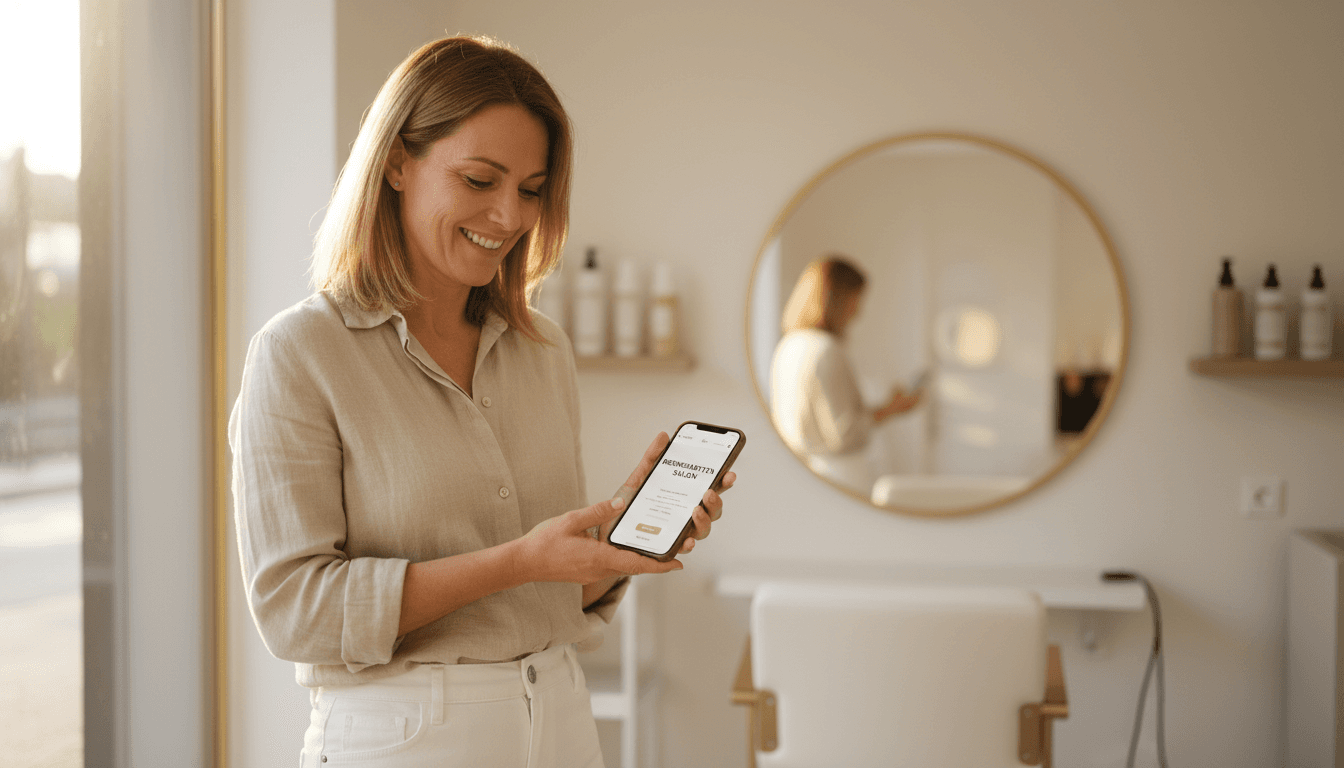 Eine Friseurin in Bremgarten zeigt stolz ihre neue mobile Website auf dem Smartphone vor ihrem Salon