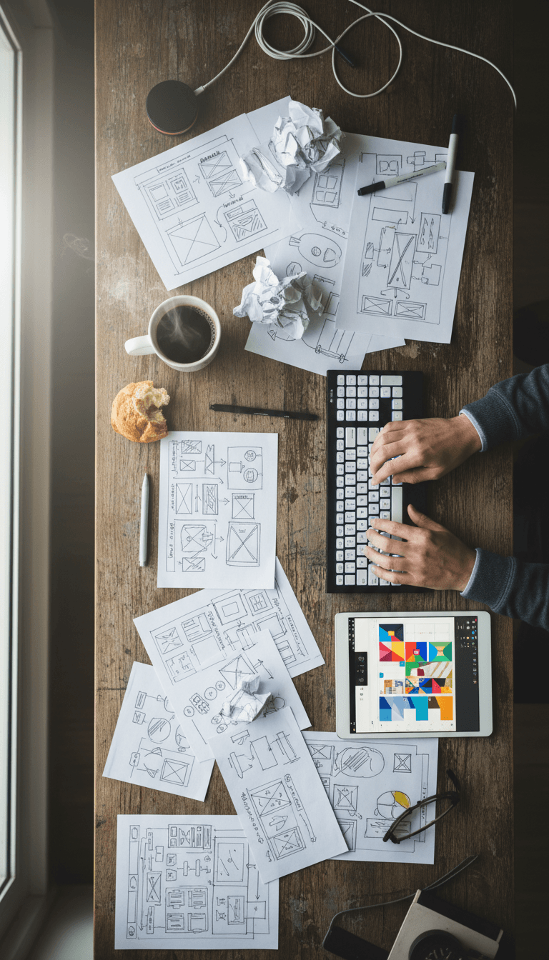 web designer hands typing on keyboard surrounded by sketches and coffee