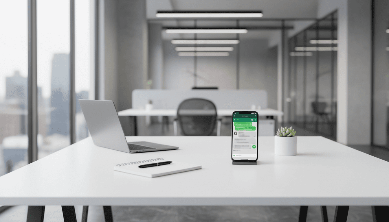 Modern desk with a smartphone showing WhatsApp chat, laptop, and plant