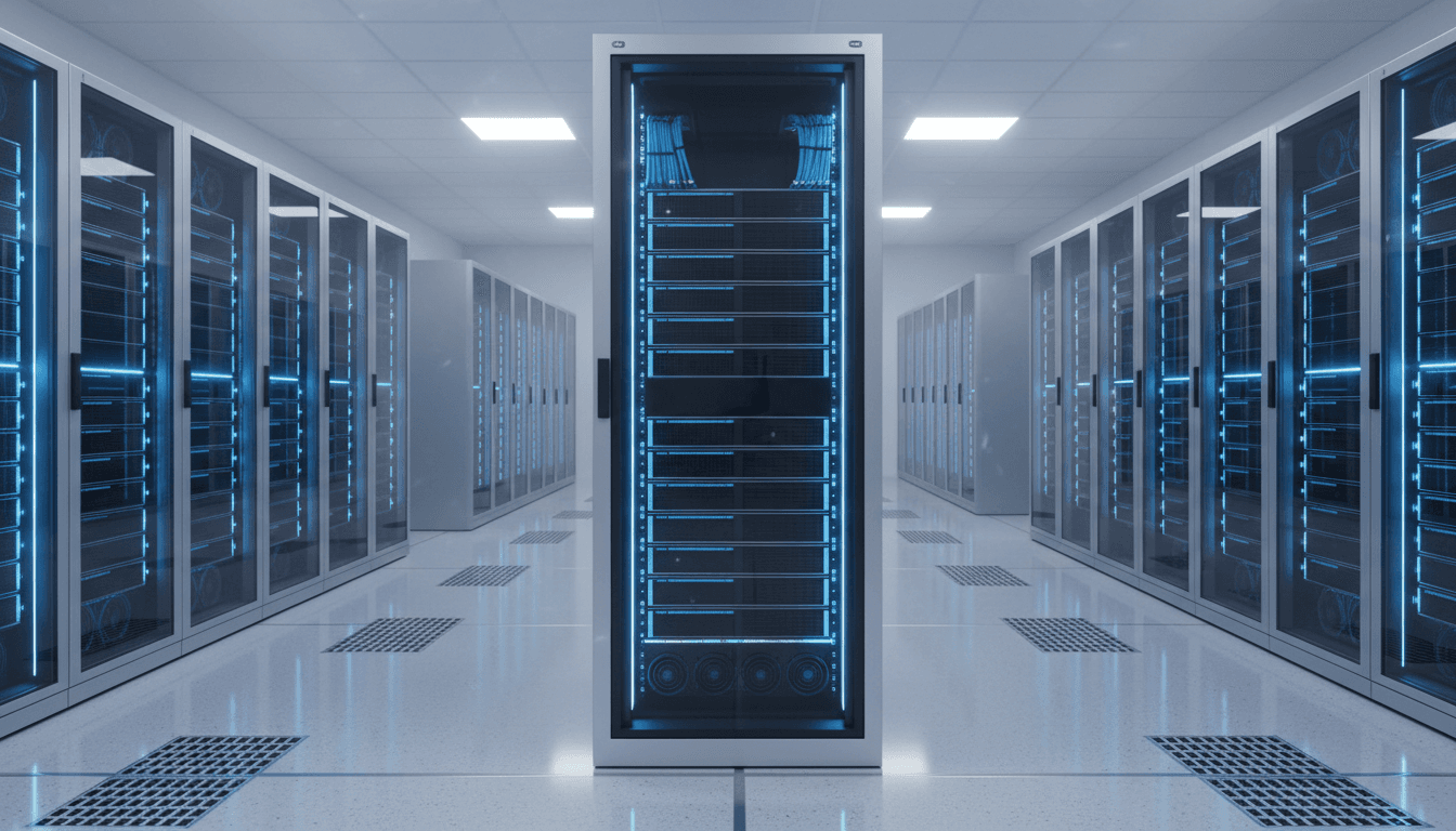 Serverrack mit blauen LEDs in einem modernen Rechenzentrum