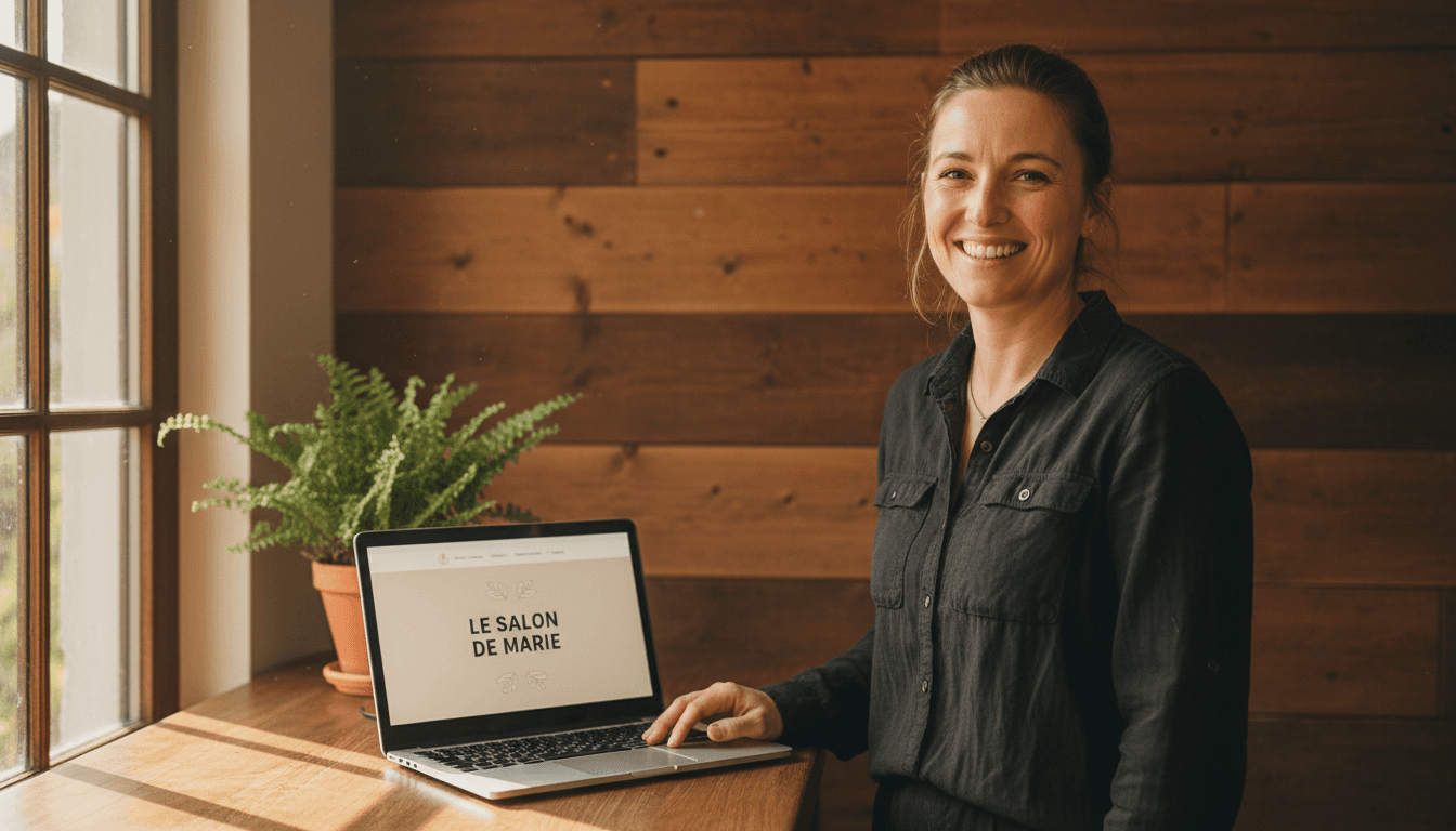 Ein Friseur in Bremgarten zeigt seine neue Website auf dem Laptop