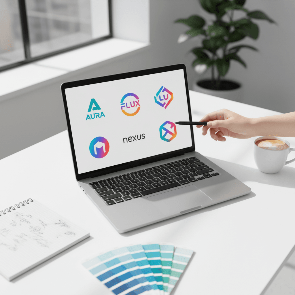 Designer pointing at colorful logo options displayed on laptop screen in sunlit creative workspace