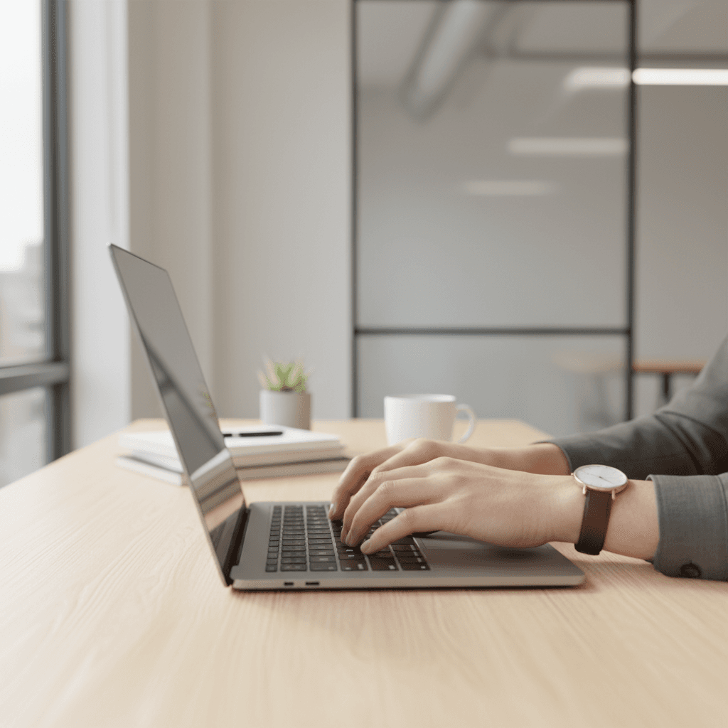 Bürotisch mit Laptop und Kaffee, der Fortschritt symbolisiert