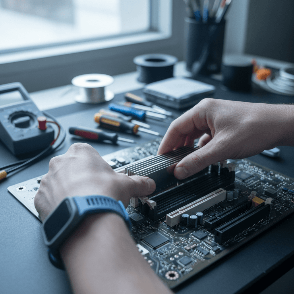 Technician installing RAM module into motherboard with anti-static precautions in well-lit workshop