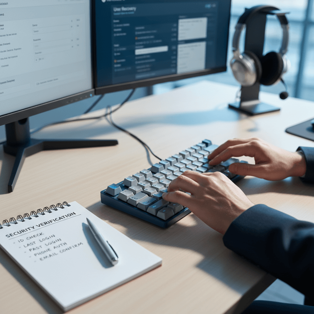 Support specialist hands typing on keyboard while reviewing account recovery documentation on dual monitors in professional workspace
