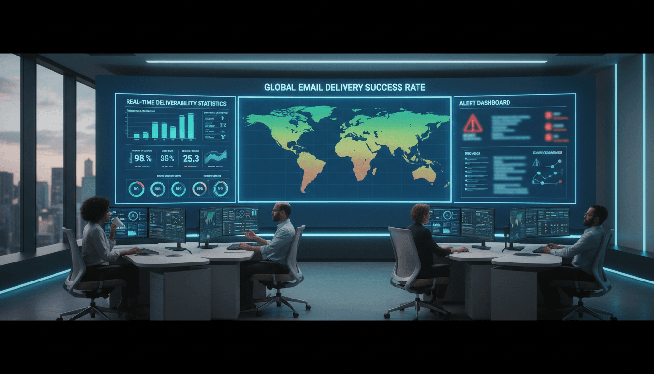 Monitoring center control room with multiple displays showing real-time email deliverability statistics and diverse technical team members working at stations