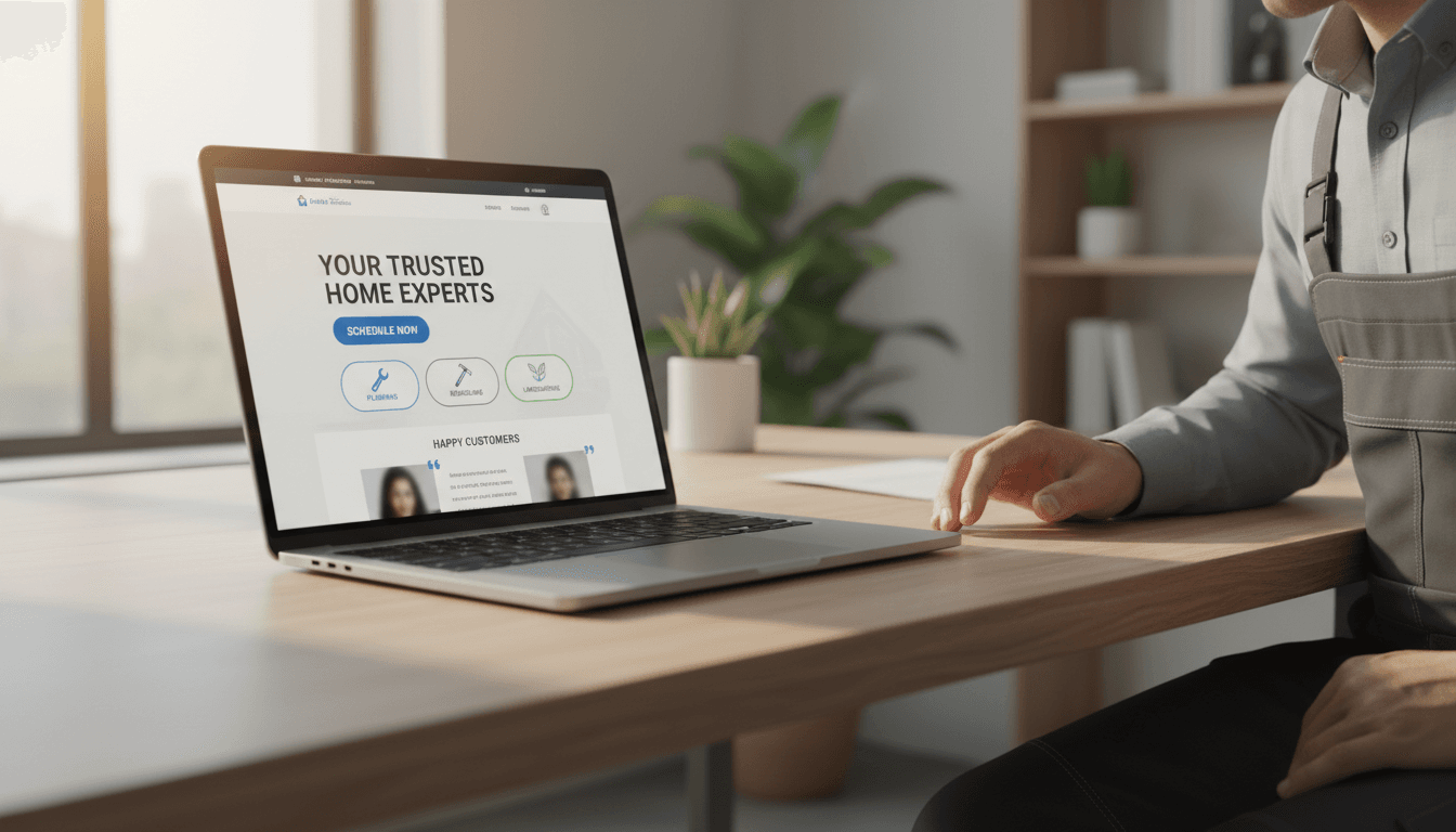 Laptop displaying mobile-optimized contractor website with clear call-to-action button and service information in bright home office