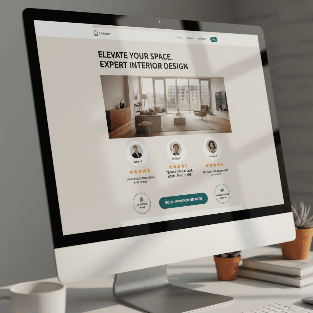 High-converting landing page displayed on desktop monitor featuring service photography, customer testimonials, and prominent appointment booking button
