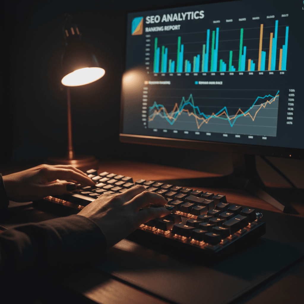 Close-up of hands typing on keyboard with SEO analytics and ranking reports displayed on monitor