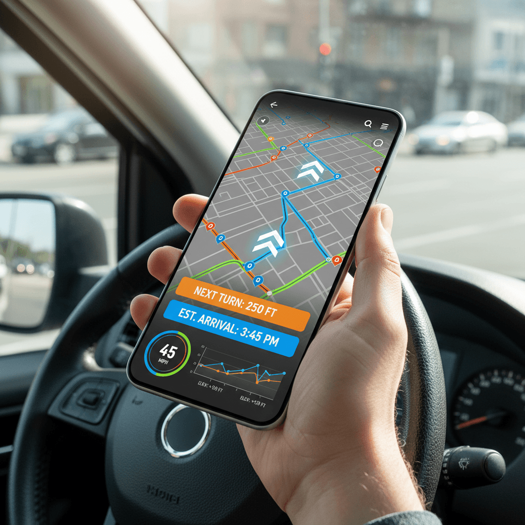 Driver's hand holding smartphone with real-time GPS route tracking map displayed on screen in vehicle