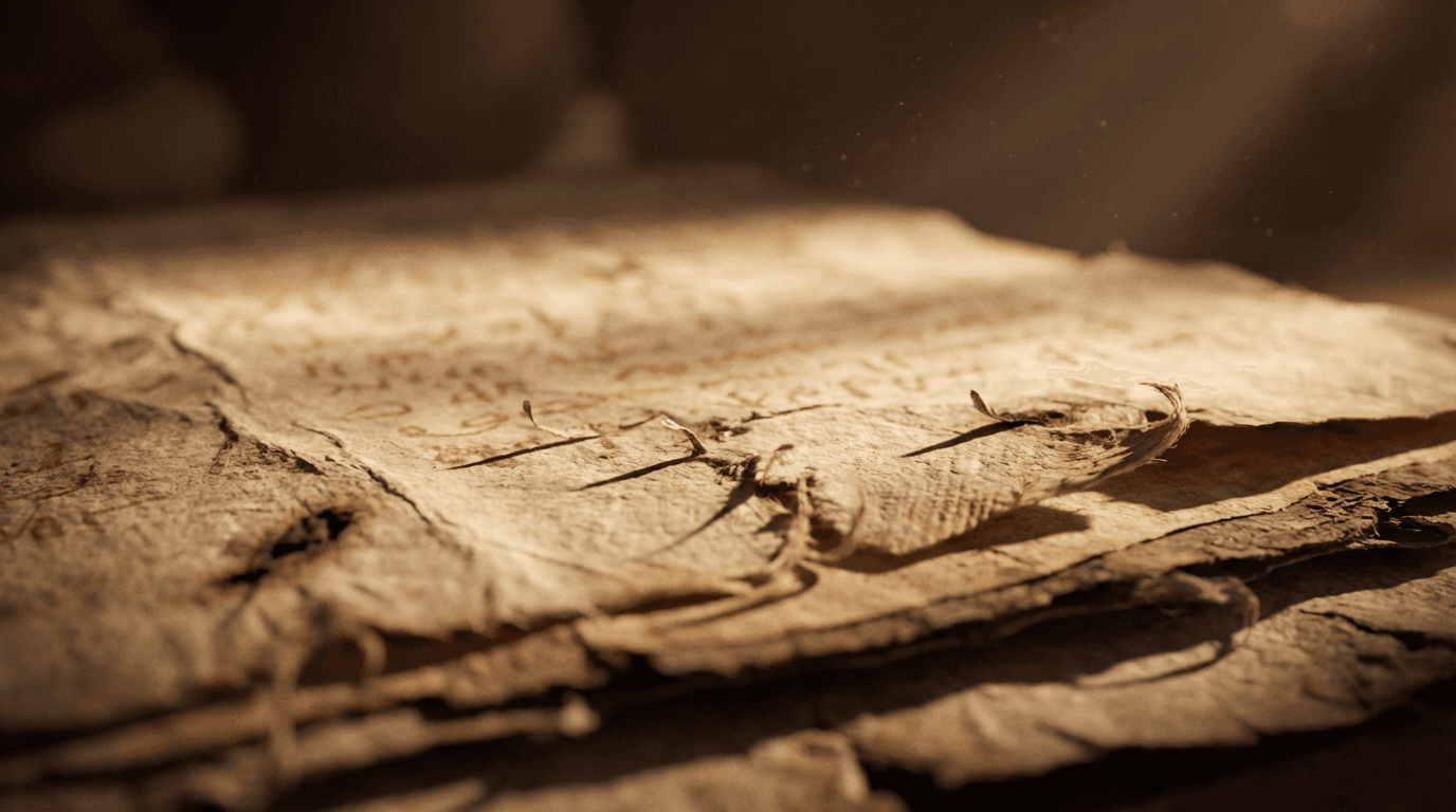 Extreme macro texture of aged parchment with faded markings, overhead lighting emphasizing surface detail and dust particles.