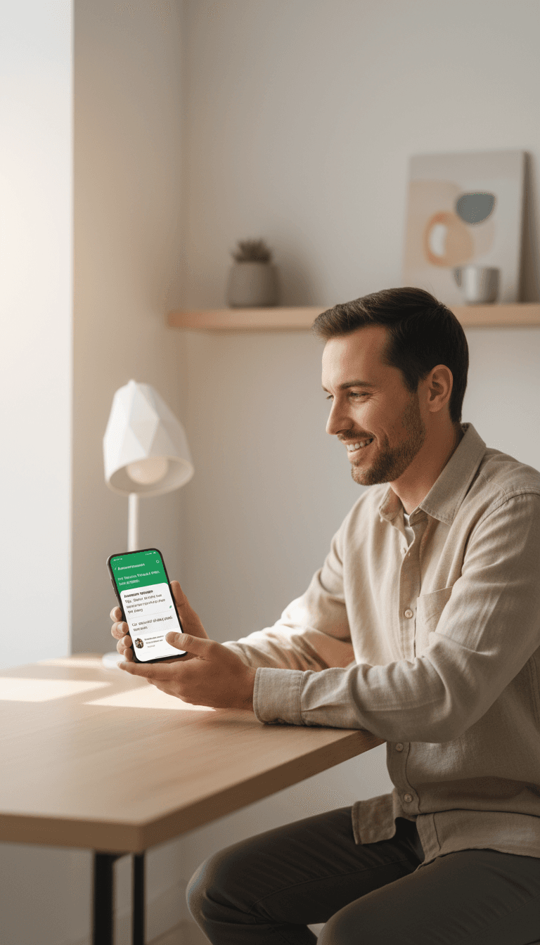 Entrepreneur smiling while reviewing automated WhatsApp Business conversation on smartphone at modern desk