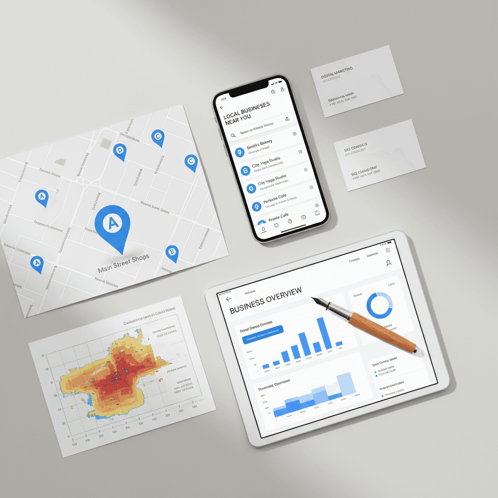Flat-lay of smartphone showing local search results, Google Maps, business profile dashboard, and planning materials on desk