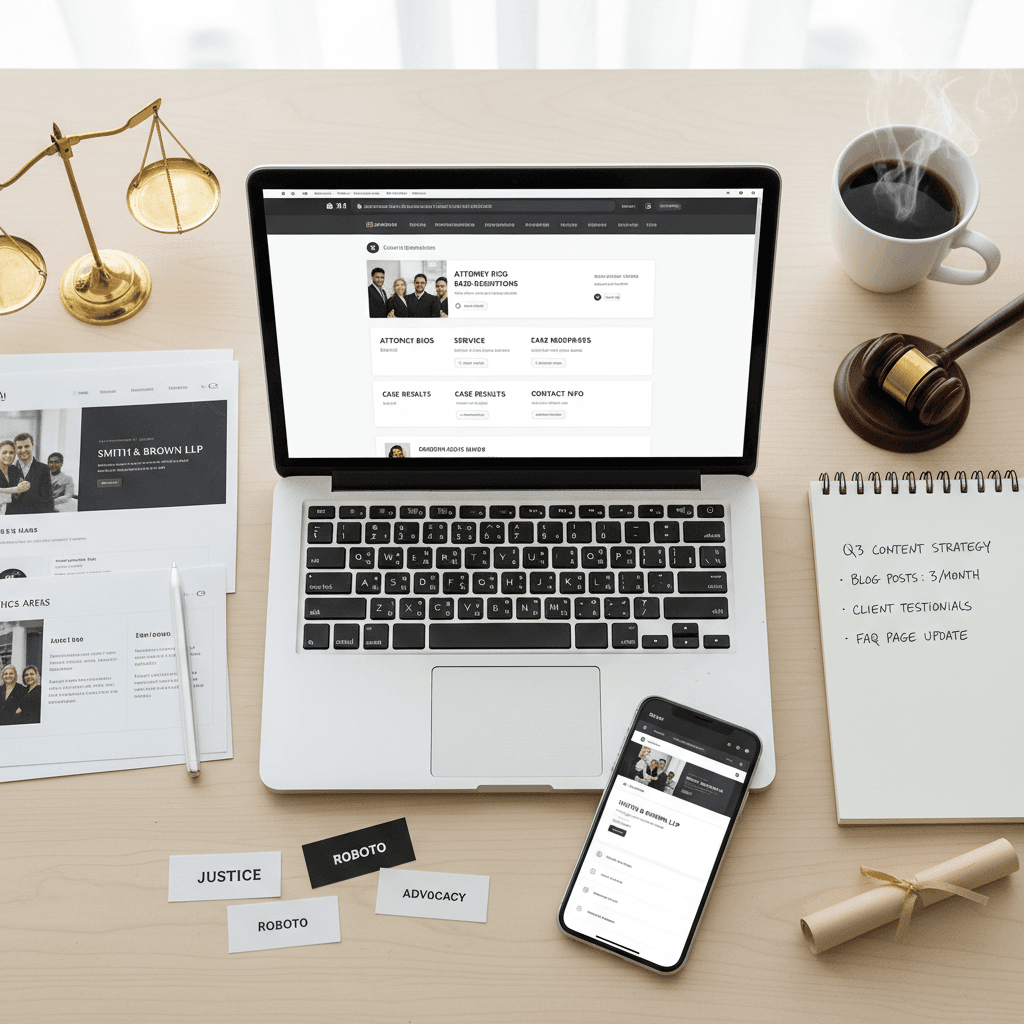 Flat lay of laptop showing legal website CMS with smartphone, design mockups, and content strategy materials arranged overhead