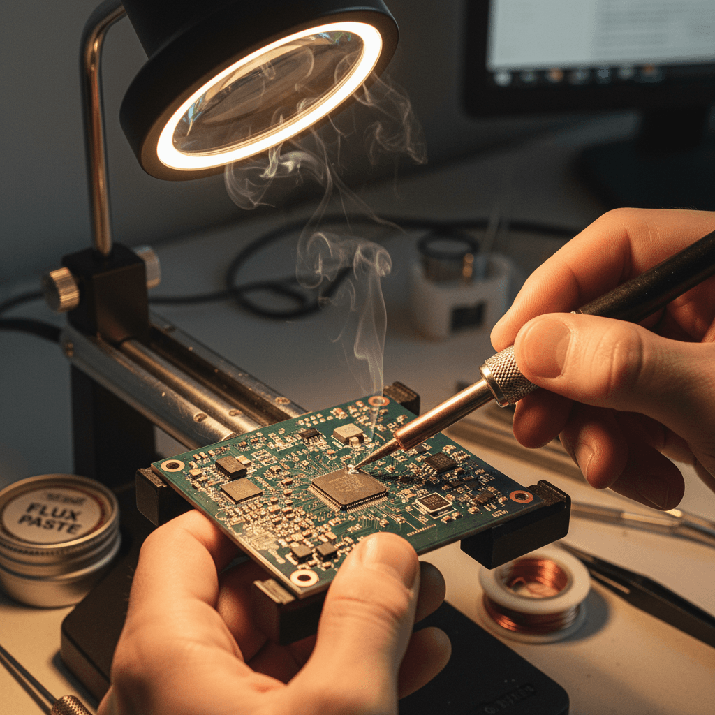 Technician performing precision soldering on circuit board with magnification device, soldering iron, and task lighting