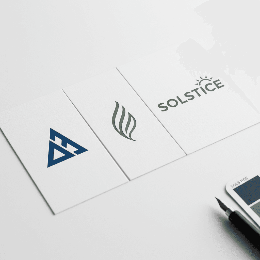 Close-up of three finished logo designs printed on white card showing geometric, organic, and typographic variations