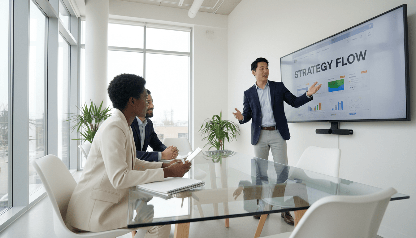 Designer presenting website mockup on digital display to engaged client in modern meeting room