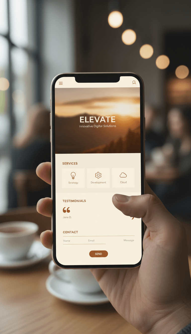 Smartphone hand-held displaying responsive single-page website with service menu and contact details