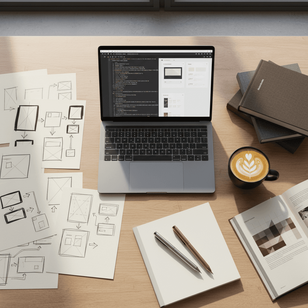 Arbeitsplatz mit Laptop und Kaffeetasse