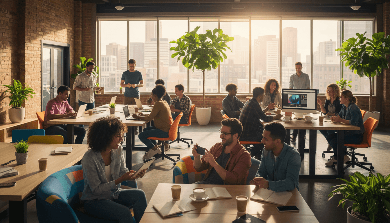 Diverse group of young people in modern co-working space engaged with smartphones and tablets, creating and sharing content