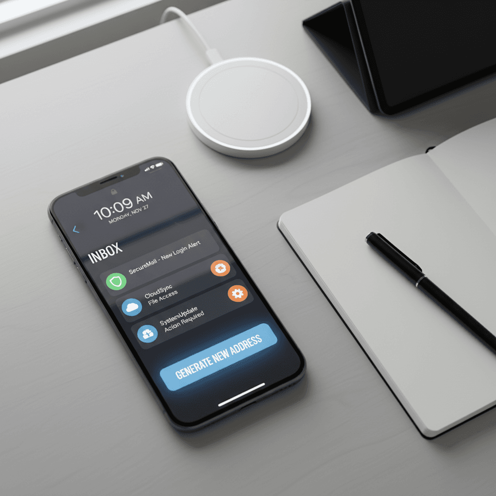 Overhead view of smartphone displaying email notifications on clean minimalist desk with tech accessories