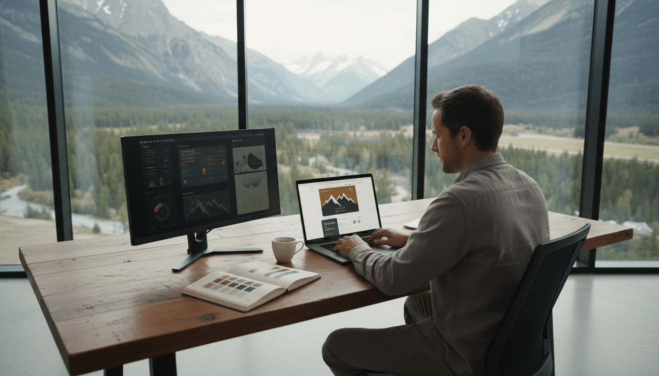 Web designer working at desk overlooking alpine valley, laptop displaying responsive website design with mountain landscape visible through windows