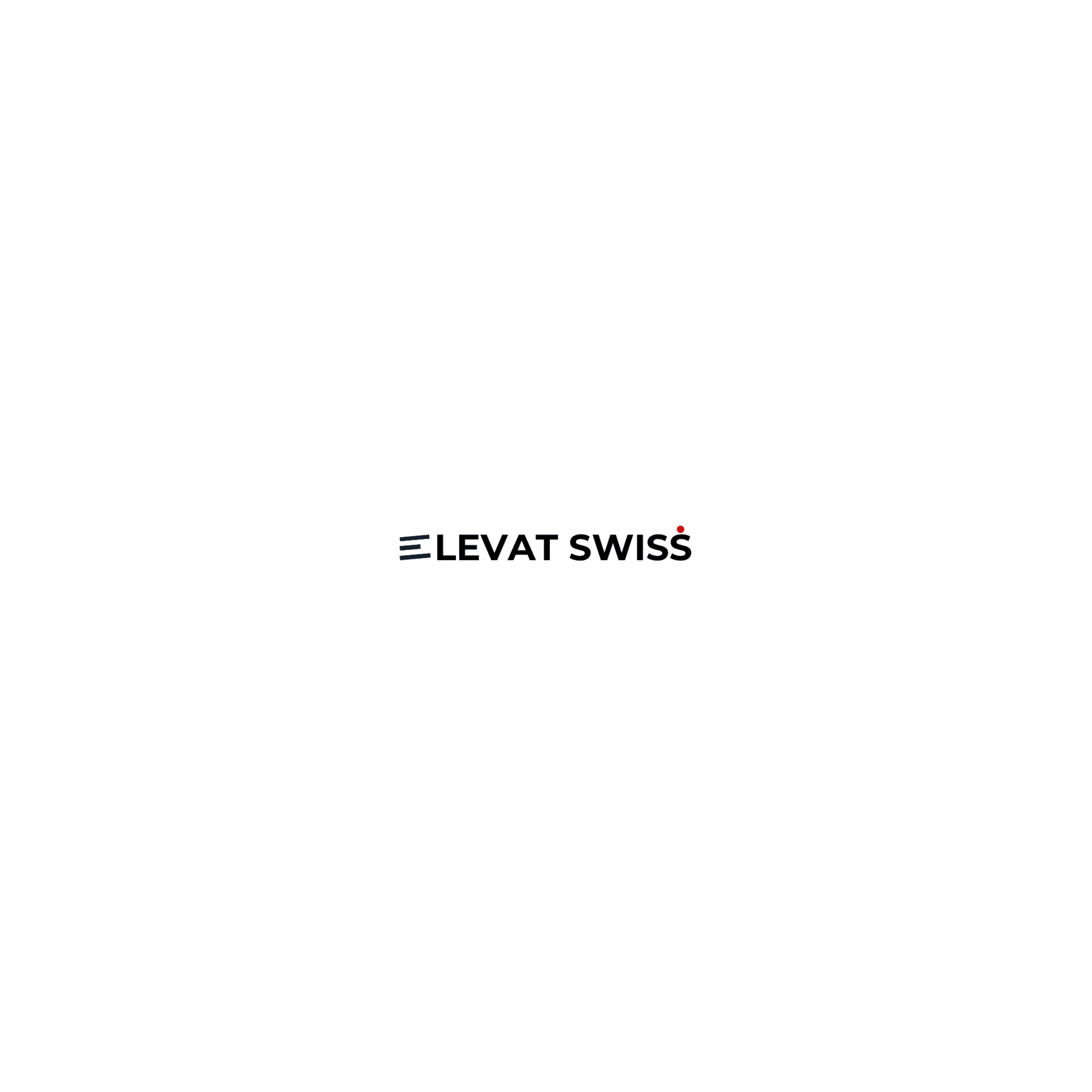Elevat Swiss Logo, schwarze Schrift, drei blaue Linien und ein roter Punkt auf Weiß.